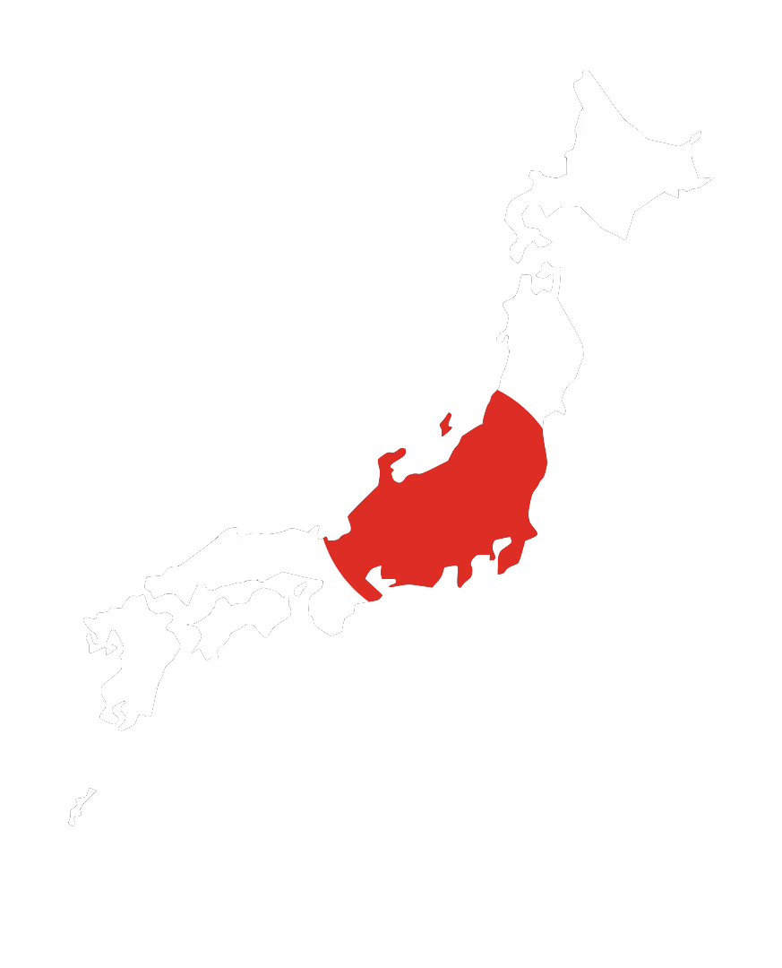 Stylized white silhouette map of Japan with the Kansai region highlighted in red