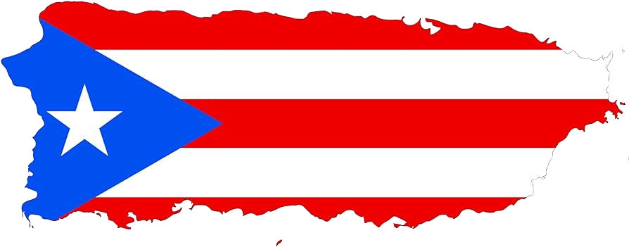 Silhouette of Puerto Rico filled with the red, white, and blue Puerto Rican flag