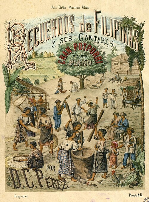 Illustrated 1887 sheet music cover for Recuerdos de Filipinas y sus Cantares by Diego Pérez