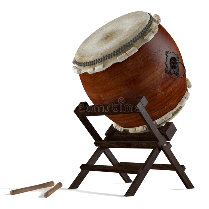 Traditional Japanese taiko drum mounted at an angle on a wooden X-frame stand, with two wooden bachi drumsticks resting beside it